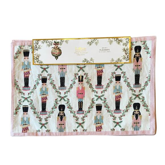Lillian August Christmas Placemats 4pc NUTCRACKER DRUMMER BOY Pink Border New - Picture 1 of 11